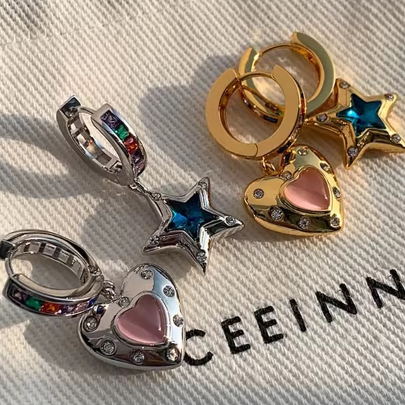 Gold Rainbow Charm Earrings –Heart & Star Drop, Colorful Crystal Statement Hoops - Picture 6 of 8